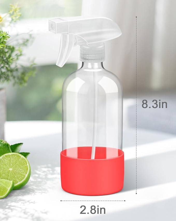 Rionisor Glass Spray Bottles with Silicone Sleeve Protection, Empty 16OZ Reusable Spray Bottles, Refillable Containers with Spray Nozzles for Cleaning Solutions, Plants and Essential Oils 1 Pack Red