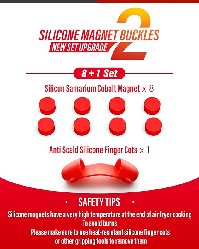Air Fryer Magnet Silicone Buckles 2 (9 Pack), Hold Parchment Paper Liners, Prevents Paper From Blowing Up and Covering Food, Super Strong Samarium Cobalt Magnet (8+1 Upgraded)