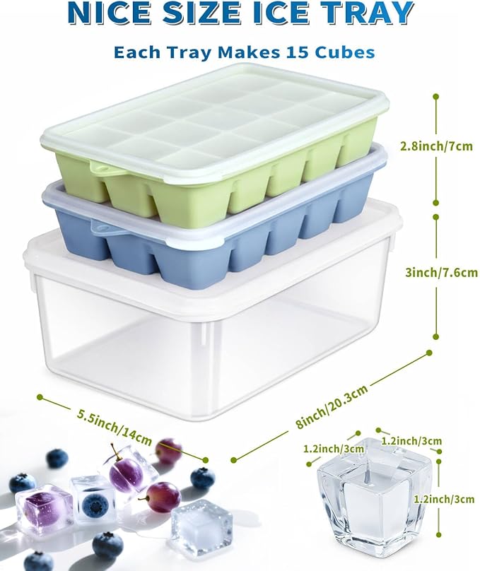 Silicone Ice Cube Tray with No-Spill Lid for Freezer with Bin, Easy Release Silicone Ice Trays with Ice Storage Container Compact for Kitchen, RV Freezer, Nice Ice for Coffee,Cocktail, Whiskey.
