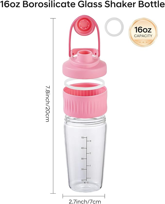 16oz Glass Shaker Bottle for Protein, Small Borosilicate Glass Protein Powder Leak-Proof Shaker Cup Mixes with 304 Blending Ball(16oz,Pink)