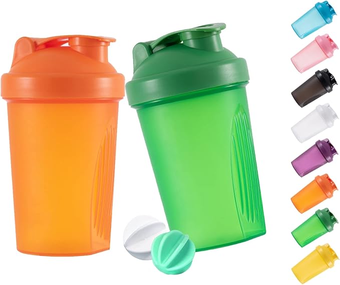 Shaker Bottle Protein Shakes and 16-Ounce/400ML Shakers Bottles with Whisk Balls,Non-BPA plastic (Orange+Green(2PCS))