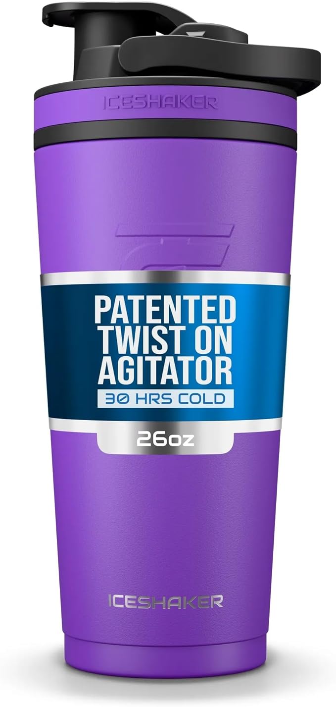 Ice Shaker Insulated Stainless Steel Shaker Bottle | 26oz, Purple | Cold for 30+ Hours | Insulated Cup with Twist-on Agitator | Odor-Free Bottle for Protein Shakes, Water, Smoothies, Cocktails