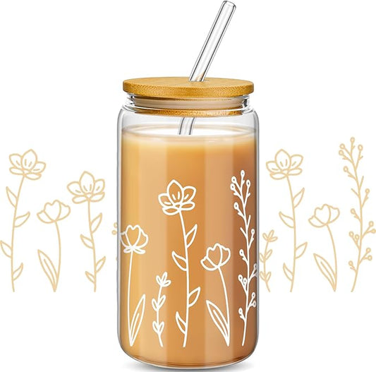 Mumufy 1 Pack Bridesmaid Gift Glass Cups, Cute Flower Mason Jars with Bamboo Lids & Straws, 16oz Iced Coffee Tumblers for Wedding, Bridal Party, Birthday, Mother's Day(Boho Flower)