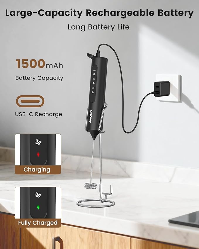 AMOSA Milk Frother Handheld with Stand, Rechargeable Frother with 3 Speeds & 3 Heads, Travel Frother with Case, Coffee Mixer for Latte, Milk, Cream, Egg, Coffee, Cappuccino