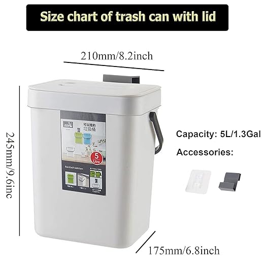 Small Trash Can with Lid Mini Kitchen Hanging Trash Can Tightly Sealed Odor Free, Small Countertop Compost Bin for Scraps from Daily Cooking, Mountable Trash Bin for Kitchen Counter, 5L/1.3 White