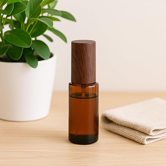 4Pcs 30ml Amber Glass Spray Bottles with Wood Grain Plastic Caps Refillable Fine Mist Atomizer Empty Travel Perfume Bottle for Essential Oils, Skincare, DIY Scents