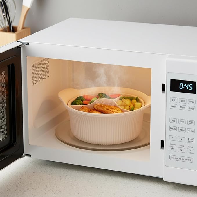 Microwave Silicone Steamer, 3-Compartment Vegetable Steamer with Egg Cooker, Food Grade Silicone Basket for Microwave Oven Cooking (Beige)