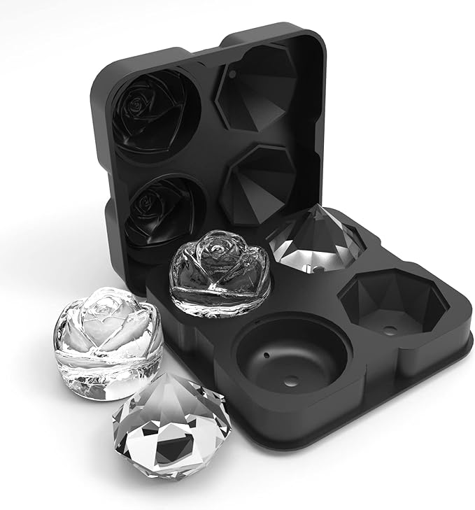Ice Cube Tray, HANCELANT 2.5inch Ice Cube Molds, 2 Cavity Silicone Rose & 2 Diamond Ice Ball Maker, Easy Release Large Ice Cube Form for Chilling Cocktails, Whiskey, Bourbon & Homemade Juice (Black)
