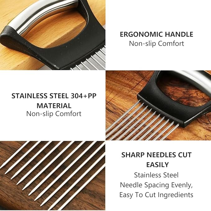 Onion Holder for Slicing, Stainless Steel Vegetable Slicer Cutter, Multifunctional Onion Slicing Tool for Tomato, Potato, Lemon, Meat, Easy Home Kitchen Chopper Assistant (3 Pack)