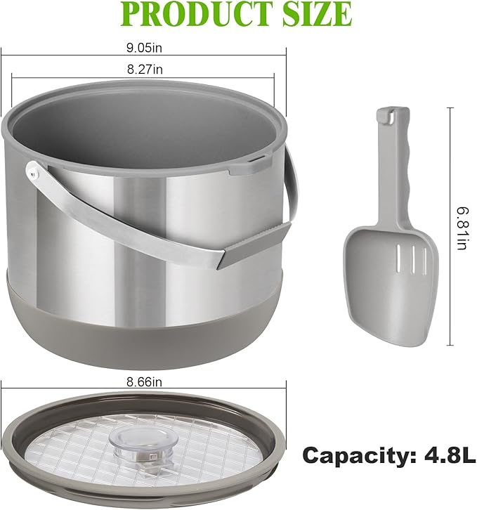 5QT/4.8L Insulated Ice Bucket for Parties, Large Capacity Double-Wall Beverage Bucket with Scoop & Lid for Champagne, Wine, Cocktail (Gray)