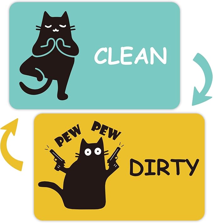 Funny Black Cat Clean Dirty Dishwasher Magnet - Cute Refrigerator Kitchen Magnet, Non-Scratch Strong Double Sided Washing Machine Sign, Housewarming Gifts for Cat Lovers, Home Apartment Essentials (Green&Yellow)