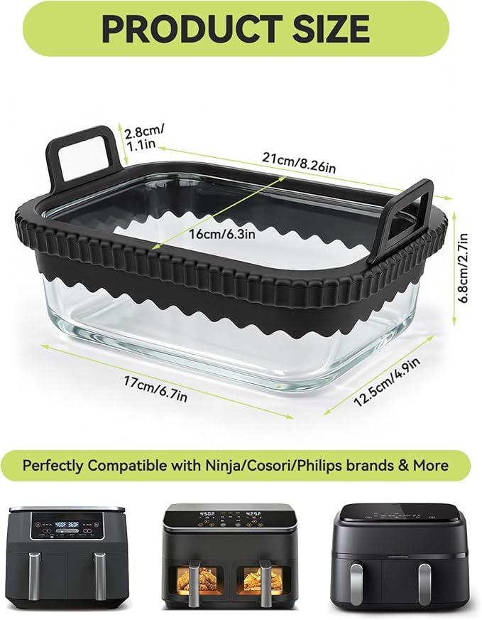 Air Fryer Glass Liner Reusable with Removable Silicone Ring, Air Fryer Accessories for Ninja Foodi DZ201/DZ401/DZ550, for COSORI/Chefman/Instant, Heat-Resistant, Dishwasher Safe & BPA-Free