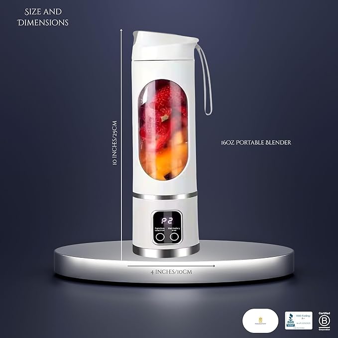 Paramexview® Portable Blender 16oz/500ml for Juices & Smoothies with 12 Stainless Steel Blades | USB Rechargable & 3 Levels Multi-Speed Control | 50W Powered fusion Portable Blender
