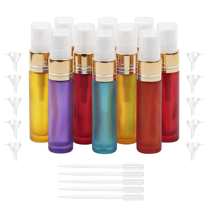 Ellbest 10PCS 10ml Small Spray Bottles Mist Spray Bottle Refillable Glass Spray Bottles Travel Size Perfume Atomizer (5 Droppers &10 Funnels Included)