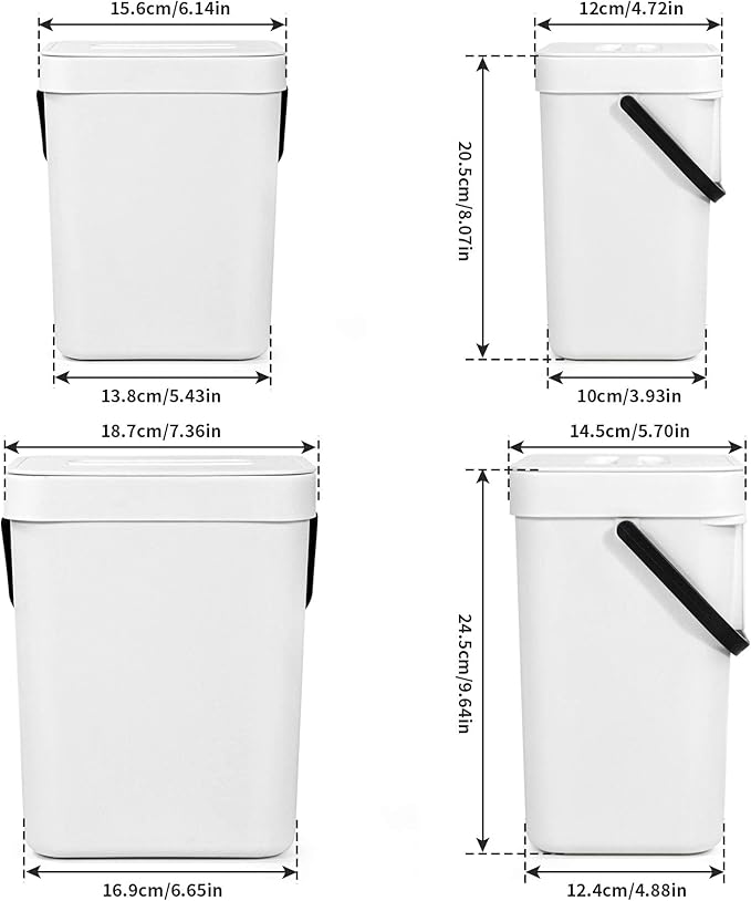 Domiella 2 Pack Hanging Small Trash Can with Lid (1.3 + 0.8 Gal), Kitchen Compost Bin for Countertop or Under Sink, Mountable Food Waste Bin for Cabinet, Bathroom, or RV Use (White)