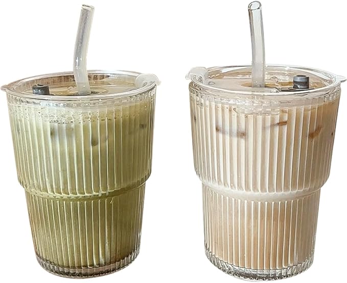 TINMIX 13.5OZ Small Glass Cups with Lids and Straws Mason Jar Low Drinking Glasses Ripple Glassware Iced Coffee Tumbler Smoothie Cup for Beer, Cocktail (2)