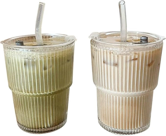 TINMIX 13.5OZ Small Glass Cups with Lids and Straws Mason Jar Low Drinking Glasses Ripple Glassware Iced Coffee Tumbler Smoothie Cup for Beer, Cocktail (2)