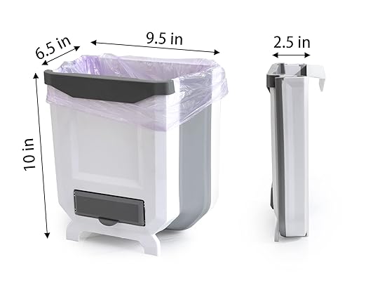 Hanging Kitchen Trash Can, Foldable Waste Bin for Kitchen, Collapsible Hang Small Plastic Garbage Can 2.4 Gallon for Cabinet/Car/Bedroom/Bathroom (White)