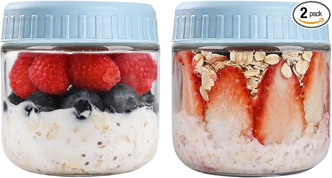 SHOWIN Overnight Oats Containers with Lids, 10oz Glass Jars with Lids 2 pcs, Light Blue, Wide Mouth Mason jars for Salad, Yogurt, Snacks, Meal Prep