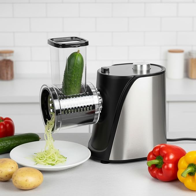 Electric Vegetables Slicer Cheese Shredder, 5-in-1 250W Professional Automatic Salad Fruits Maker Shooter Chopper Machine Kitchen Cutter Grater Food Processor with 5 Different Blades