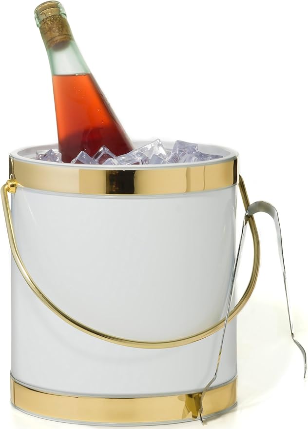 Made In USA Metallic Deco Collection Double Walled Insulated Ice Bucket With Ice Tongs (5-Quart, White & Gold)