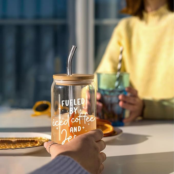 Fueled by Iced Coffee and Jesus Cup Gifts for Women-16oz Christian Glass Cup with Lid and Straw, Faith Brithday Cup Gifts for Coworkers Boss Friends Worker Nurse Teacher, Jesus Iced Coffee Cup-167