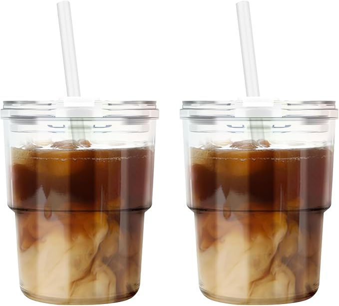 Luxfuel 13 oz Tumbler Water Glass Cups with Straw & Lid, Reusable Iced Coffee, Tea Cups, Leak-Proof Thick Wall Travel Glass Tumbler for Home, Office, Car Cup Holder Friendly, BPA Free (Shimmer,2 Pack)