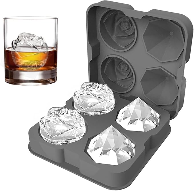 Ice Cube Tray, HANCELANT 2.5inch Ice Cube Molds, 2 Cavity Silicone Rose & 2 Diamond Ice Ball Maker, Easy Release Large Ice Cube Form for Chilling Cocktails, Whiskey, Bourbon & Homemade Juice (Gray)
