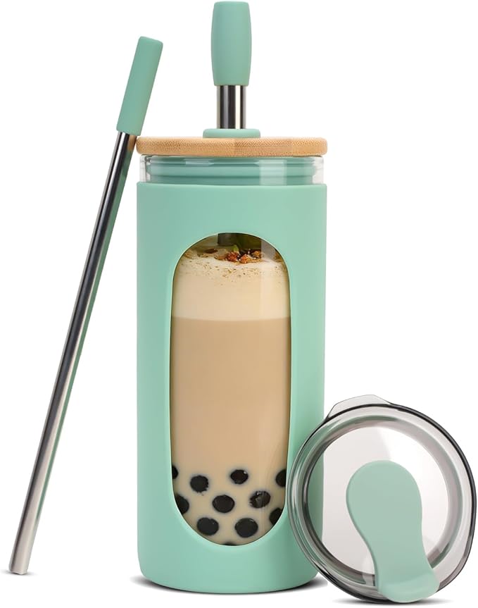 Sursip Glass Cup Tumbler with Straw and Lid, 20 oz Reusable Borosilicate Glass Coffee Cup with Lids for Iced Coffee, Smoothie, Boba, Juice,Travel to Go Tumbler BPA-Free - Light Green