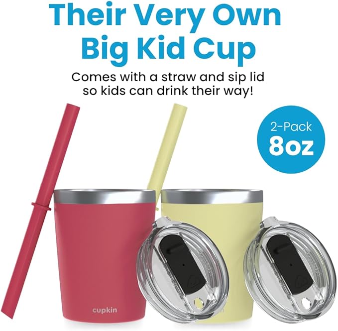 CUPKIN Eco Kids Tumbler Cup, The Original 8 oz Stackable Stainless Steel Metal Straw Cups, Set of 2 Powder Coated Insulated Cup with Straw + BPA Free Lids + Reusable Silicone Straws (Coral + Yellow)