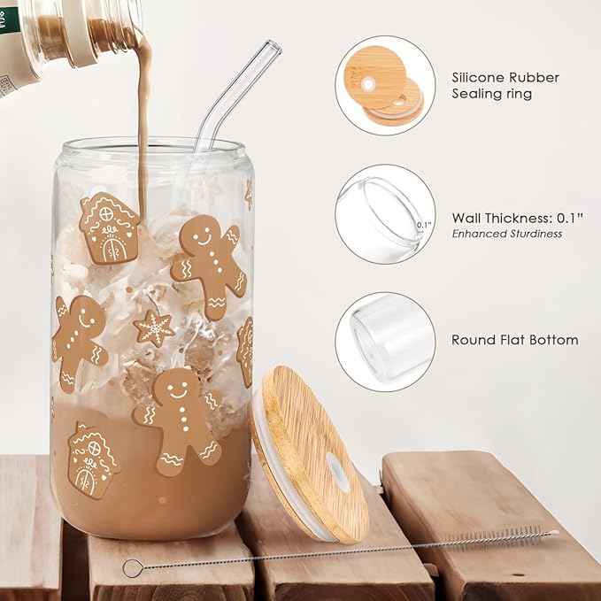 SANDJEST Gingerbread Christmas 16oz Can Glass Tumbler with Bamboo Lid & Straw - Iced Coffee Cup for Women Girls, Aesthetic Cups Gifts for Xmas