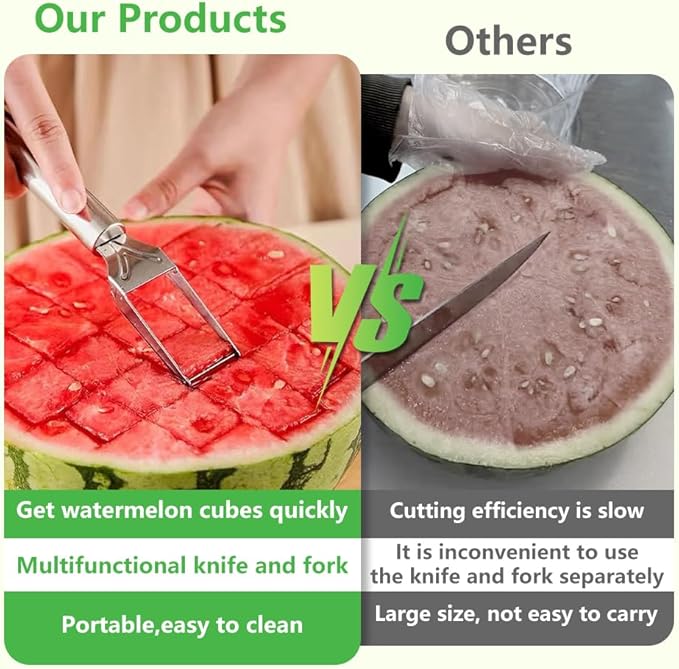 2-in-1 Stainless Steel Fruit Cutter, Watermelon Slicer with Fork, Dual Head Watermelon Fork Slicer Tool for Cubes, Fruit Knife with Round Handle for Home Kitchen, Picnic & Party (3Pack)