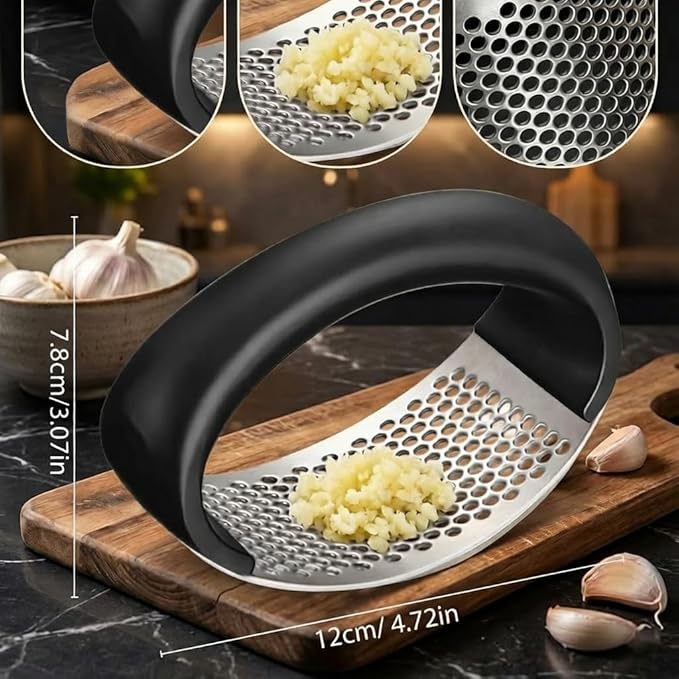 Stainless Steel Garlic Press, Heavy Duty Garlic Crusher Mincer with Ergonomic Handle, Easy Squeeze Garlic Presser for Kitchen Cooking (Black)