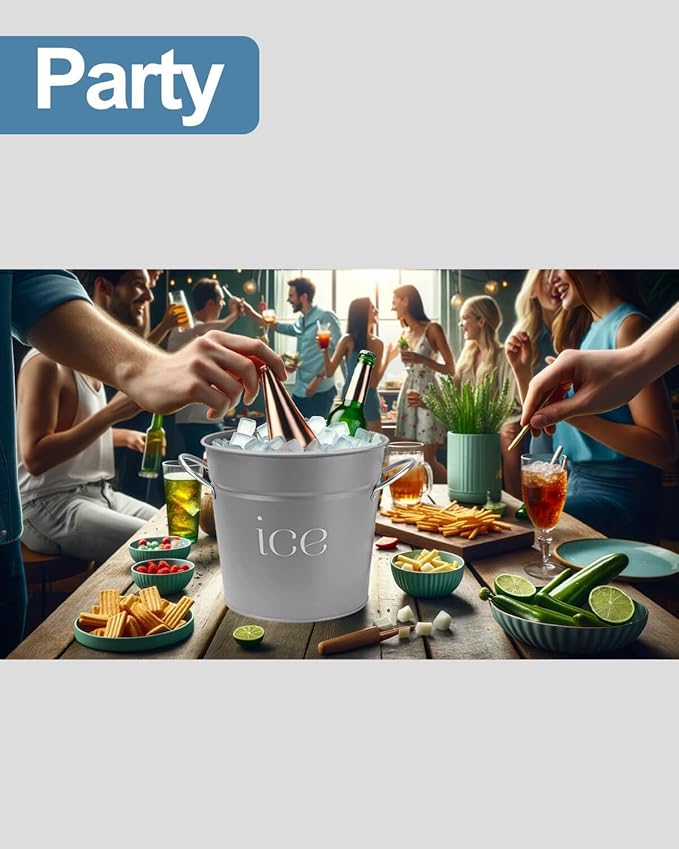 3Qt Gray Galvanized Ice Bucket with Lid, Scoop & Handles - Ideal for Cocktails, Parties, BBQs, Wine & Champagne. Double-Layer Insulated Outer & Galvanized Inner Layer, Perfect for Home & Outdoor Use