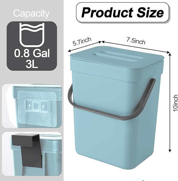 Compost Bin Kitchen, Includes 100 Trash Bags, Hanging Trash Can with Lid, Features Pet-Proof, Odor-Proof, and Quiet Opening/Closing. Suitable for Bathrooms/Bedrooms/Offices (Blue, 1.3 Gal/5 L)