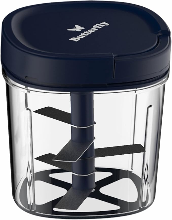 Butterfly 3.8 Cups Premium Plastic Manual Food Chopper, Hand Pull String Onion Vegetable Mincer Dishwasher Safe, 900ml, Blue