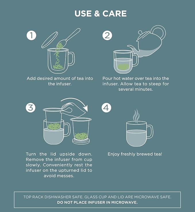 Teabloom Tea-For-One Steeping Mug – Insulated Double Wall Glass Mug (12 oz), Stainless Steel Infuser, Porcelain Lid/Coaster – Radiance Brewing Mug
