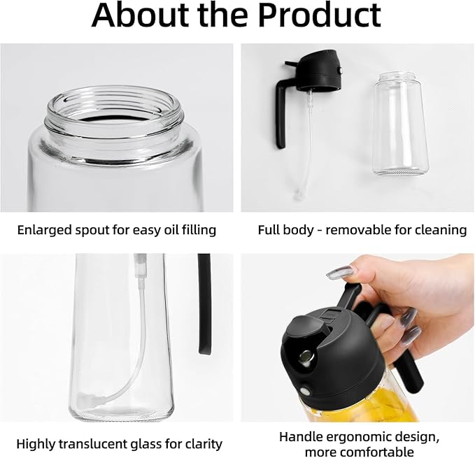 Aovdy Oil Sprayer for Cooking 16oz,2 in 1 Olive Oil Dispenser and Oil Sprayer - 470ml Olive Bottle Spray and Pour - Glass Oil Dispenser for Kitchen Cooking Salad BBQ (2PCS-Black)