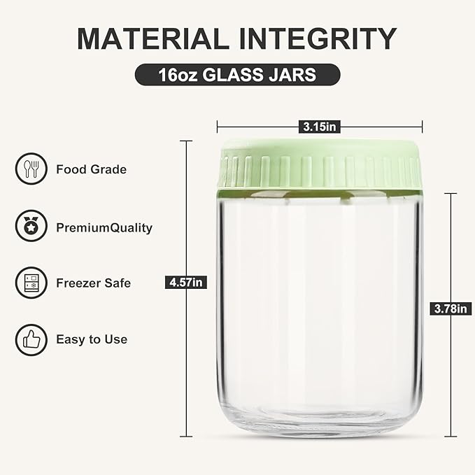 SHOWIN Overnight Oats Containers with Lids, 16oz Glass Jars with Lids 8 pcs, Light Green, Wide Mouth Mason jars for Salad, Yogurt, Snacks, Meal Prep
