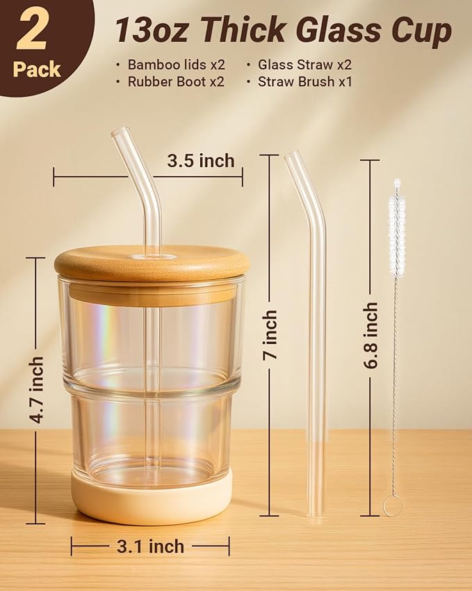 Zukro 13 oz/400ml Glass Cups with Bamboo Lid and Straw, Thick Wall Reusable Glass Tumbler for Iced Coffee, Tea, Matcha, Water Glasses for Home, Office, Non-Slip & BPA Free, Amber & Shrimmer