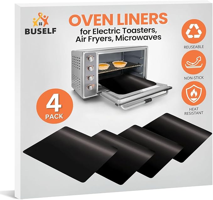 Buself Toaster Oven Liner – Compatible with Breville, Cuisinart, Black & Decker, Dash, and More – Nonstick Heat Resistant Reusable Air Fryer Liners, PFOA & BPA Free, 9x11", 4 Pack, Black