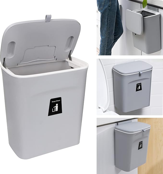 Domiella 2.4 Gallon Hanging Trash Can with Lid, Kitchen Compost Bin for Countertop or Under Sink, Mountable Food Waste Bin with Sealed Lid for Cabinet, Cupboard, Bathroom, or RV (Gray)