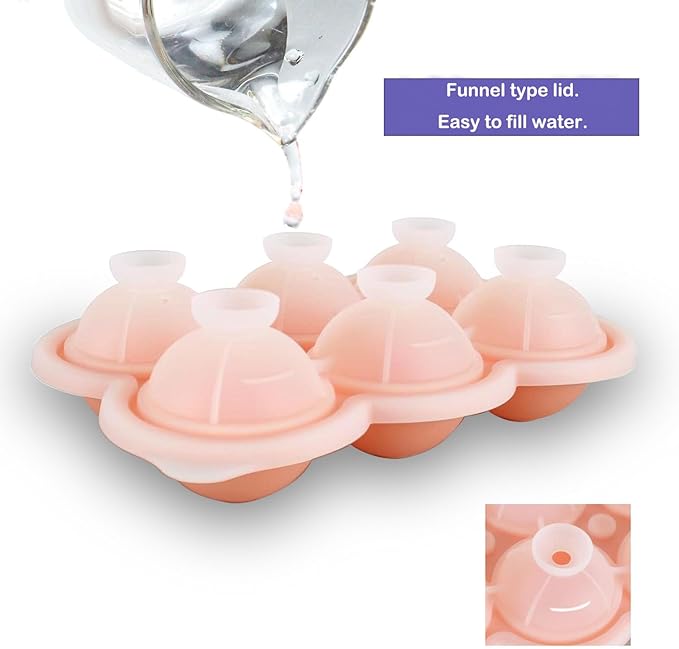 2 Pack Silicone Ice Cube Trays, Pink Rose Ice Cube Mold, Large Sphere Ice Mold with Funnel-type Lid, Makes 6 Rose & 6 Round Ice Balls for Chilling Whiskey Cocktails Drinks