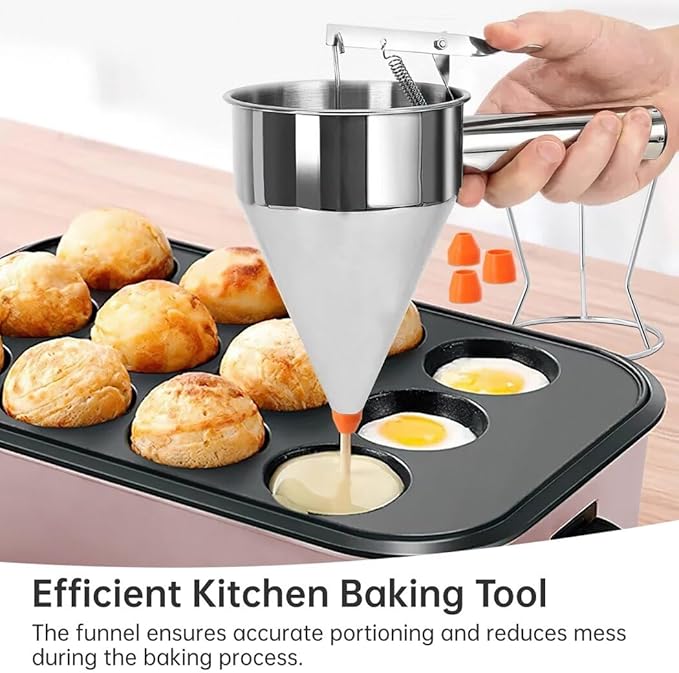 Stainless Steel Pancake Batter Dispenser 40oz Funnel Cake Dispenser with Stand Multi-Caliber for Baking Cupcakes Muffins Crepes or Any Baked Goods