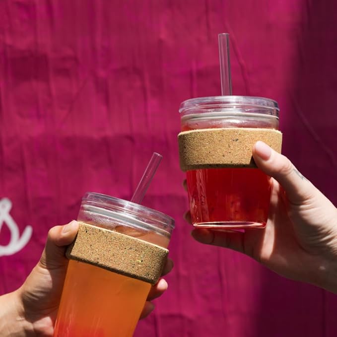 KeepCup Cold Cup - Brew Cork Tempered Glass Ice Coffee Tumbler with Recovered Cork Band, Lid and Straw - 12oz (340ml)