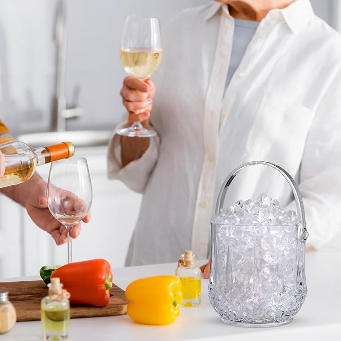 Operitacx Small Plastic Ice Bucket with Tongs and Handle Clear Portable Ice Cube Bucket 5.11 Height for Wine Beer Beverage Cooler and Party Use