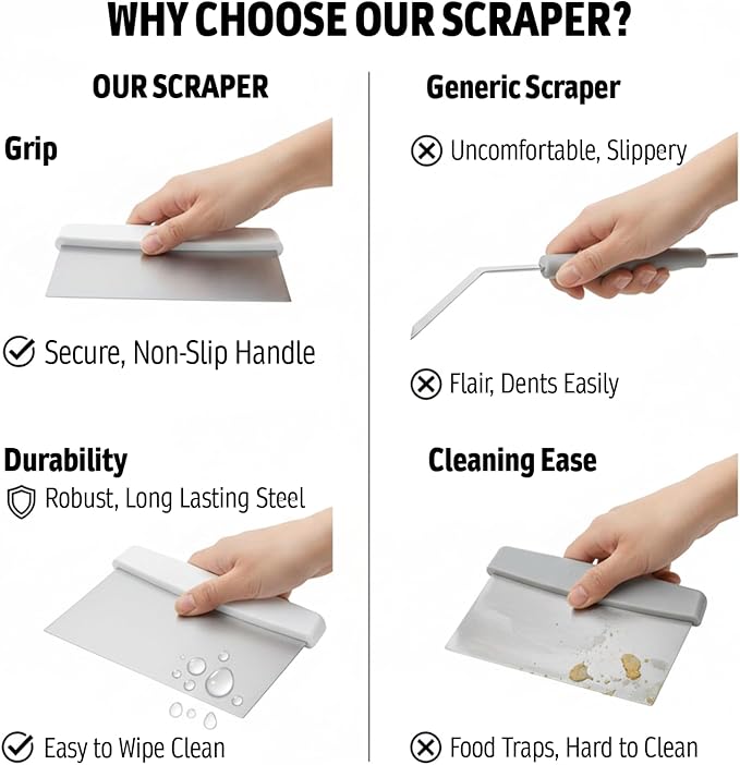 Stainless Steel Dough Cutter and Bench Scraper with White Plastic Handle - Pastry Scraper and Dough Divider for Bread, Pizza, Pastry, Baking Prep, and for Kitchen Use (5 7/8" x 4 1/4")