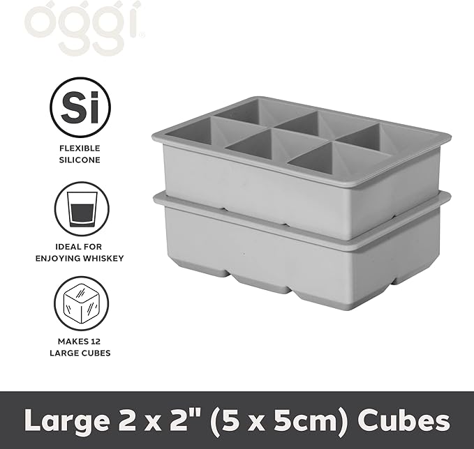 OGGI Ice Cube Tray, Pack of 2 Ice Cube Trays, Large Ice Cube Maker, Flexible 6 Cavity Silicone Ice Cube Trays for Freezer, Slow Melting Big Ice Cubes for Whiskey, Cocktails & Juices, BPA Free - Gray