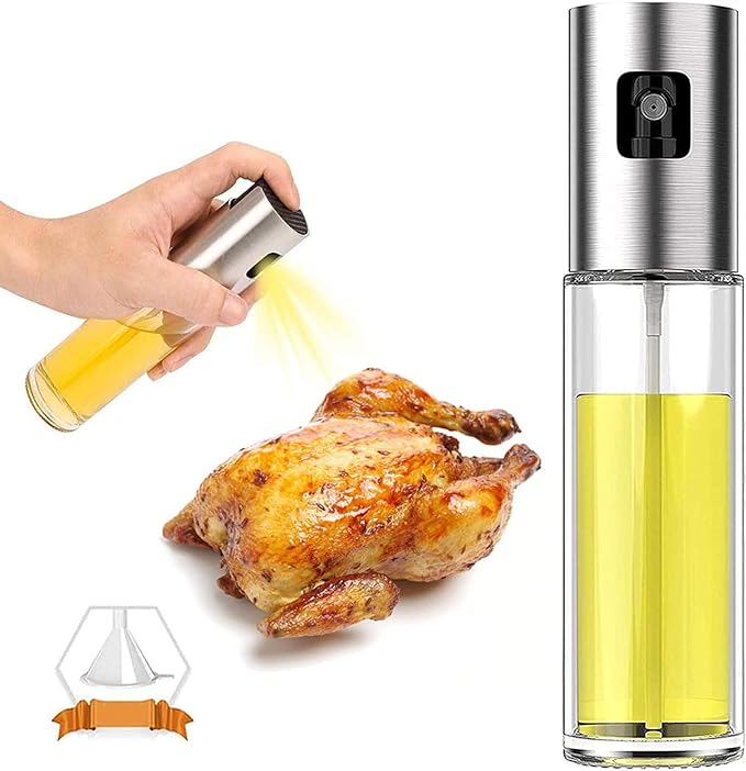 Glass Oil Sprayer Bottle for Cooking, Refillable Fine Mist Sprayer for Air Fryer, BBQ, Salad Spray, Leak Proof Kitchen Oil Dispenser with Dishwasher Safe Design (Silver)