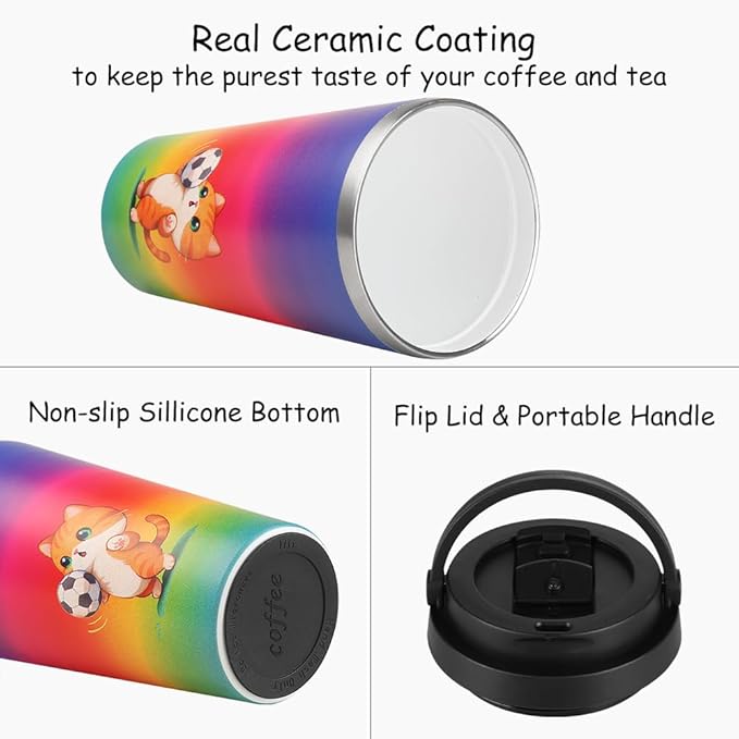 Funkrin Insulated Coffee Mug with Ceramic Coating, 16oz Iced Coffee Tumbler Cup with Flip Lid and Handle, Double Wall Vacuum Leak-Proof Travel Mug for Office School Party Camping